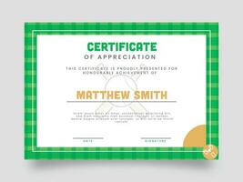 Green And White Color Certificate Of Appreciation Award Template Design. vector