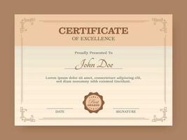 Certificate Of Excellence Template Design For Printable. vector