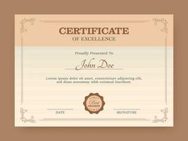 Certificate Of Excellence Template Design For Printable. vector