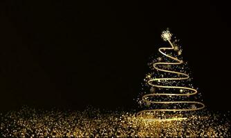 Golden Swirl Christmas Tree With Snowflake And Glittering On Black Background. vector