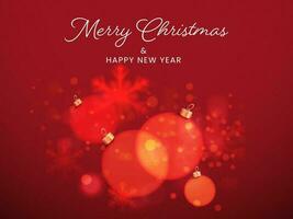 Merry Christmas And New Year Concept With Baubles, Blur Effect Snowflakes On Red Bokeh Background. vector