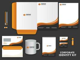 corporativo identidad kits incluso membrete, sobre, bloc, visitando tarjeta, taza y USB conducir en oscuro gris antecedentes. vector