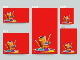 Social Media Template Posts Layout With Holi Festival Elements On Red Background In Five Options. vector