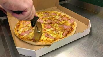 pizza skorpa skärande bearbeta. framställning italiensk mat för leverans. redo måltid, snabb mat. video