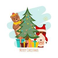 alegre Navidad concepto con decorativo Navidad árbol, dibujos animados oso, Papa Noel claus y regalo cajas en blanco antecedentes. vector