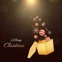 Merry Christmas Font With Baubles, Snowflakes Popping Out From Gift Box On Brown Light Effect Background. vector