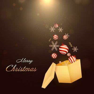 Merry Christmas Font With Baubles, Snowflakes Popping Out From Gift Box On Brown Light Effect Background.