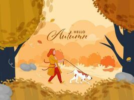 Hola otoño estacional antecedentes con joven mujer caminando su perro ilustración. vector