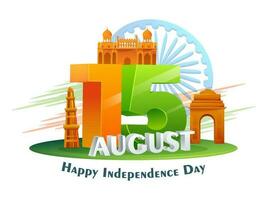 Tricolor 3D 15 August Text With India Famous Monuments And Ashoka Wheel On White Background For Happy Independence Day. vector