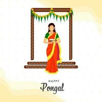 Happy Pongal Concept With South Indian Woman Holding Bowl Of Traditional Dish At Door View On White Background. vector