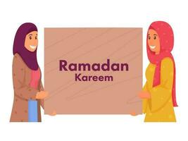 Cheerful Muslim Young Women Holding Board Of Ramadan Kareem On White Background. vector