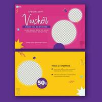 regalo vale o cupón modelo diseño con espacio para producto imagen en rosado y amarillo color. vector