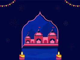 Ayodhya View Or Temple Blue Background Decorated With Bunting Flags, Fireworks And Lit Candles. vector