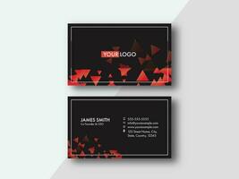 Black Business Card Template Design With Red Triangle Shapes In Front And Back View. vector