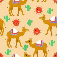 Seamless Pattern Of Cartoon Camel, Sun And Cactus Plant On Peach Background. vector