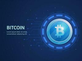 web bandera o modelo diseño con bitcoin circuito tablero azul antecedentes. vector