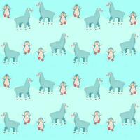 Endless Cartoon Penguins And Sheep Pattern On Blue Background. vector