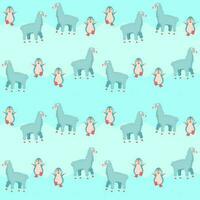 Endless Cartoon Penguins And Sheep Pattern On Blue Background. vector