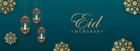 Eid Mubarak Banner Or Header Design With Lit Lanterns Hang On Teal Islamic Pattern Background. vector