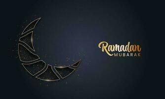 Golden Ramadan Mubarak Font With Paper Cut Crescent Moon And Lights Effect On Black Background. vector