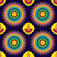 Endless Colorful Mandala And Lit Oil Lamps Pattern On Blue Background. vector