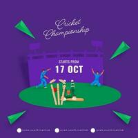 Cricket Championship Concept With Cricketer Players In Different Position And 3D Geometric Triangle Element On Purple Stadium Background. vector