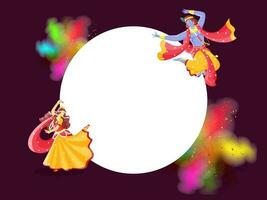 ilustración de señor Krishna y radha haciendo danza con vacío circular marco en púrpura antecedentes. vector