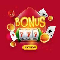 Golden Bonus Text With 3D Slot Machine, Coins, Playing Cards And Dice On Red Bokeh Background. vector