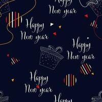 Repeating Happy New Year Font With Line Art Gift Boxes And Geometric Elements On Blue Background. vector