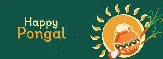 Happy Pongal Banner Or Header Design With Traditional Dice Pongal Rice In Mud Pot, Sugarcanes And Sun God On Green Background. vector