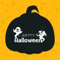 Happy Halloween Celebration Concept With Two Ghost Enjoying On Yellow And Black Silhouette Pumpkin Background. vector
