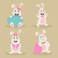 Cartoon Bunnies Character With Easter Eggs On Beige Background. vector