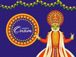 Happy Onam Festival Concept With Kathakali Dancer Character And Tradition Toran On Blue Floral Pattern Background. vector