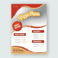 Pizza menú tarjeta o volantes diseño con mejor oferta y lugar de eventos detalles. vector