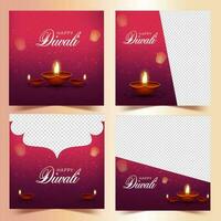 Diwali Social Media Posts With Lit Realistic Oil Lamps And Copy Space In Four Options. vector