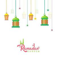 Ramadan Kareem Greeting Card With Hanging Arabic Lanterns And Stars Decorated On White Background. vector