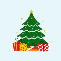 Decorative Xmas Tree With Gift Boxes On Blue Background. vector