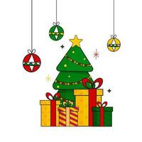 Vector Illustration Of Christmas Tree With Gift Boxes, Baubles Hang On White Background.