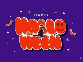 Sticker Style Orange Halloween Font With Flying Witch At Broom And Bats On Purple Background. vector