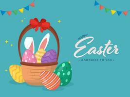contento Pascua de Resurrección celebracion concepto con vistoso impreso huevos y conejito orejas en cesta en azul antecedentes. vector