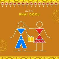 Happy Bhai Dooj Poster Design With Stick Figure Brother And Sister On Yellow Background. vector