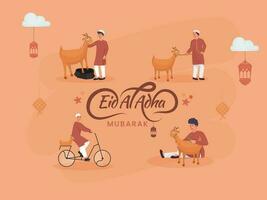 Eid al-Adha Mubarak concepto con musulmán joven Niños personaje y cabras animal en naranja antecedentes. vector