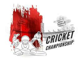 Cricket Championship Concept With Linear Style Cricketer Players And Red Brush Stroke Effect On White Stadium Background. vector