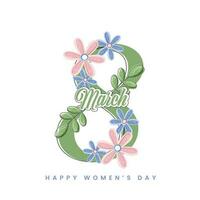 March Of 8 Number Decorated With Floral On White Background For Happy Women's Day Concept. vector