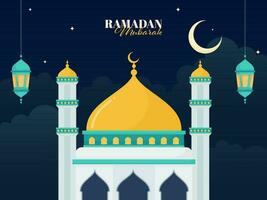 Ramadán Mubarak concepto con mezquita ilustración, creciente Luna y colgando linternas en azul antecedentes. vector