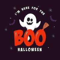 Boo Halloween Poster Design With Funny Ghost, Broom And Flying Bats On Purple Background. vector