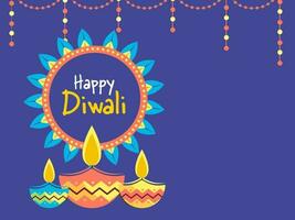 Happy Diwali Concept With Lit Oil Lamps And Lighting Garland On Blue Background. vector