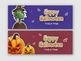 Happy Halloween Banner Or Header Design With Jack-O-Lanterns And Witch Character In Two Color Options. vector