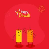 Happy Diwali Celebration Concept With Cartoon Firecracker Doing High Five On Red Background. vector
