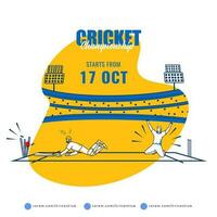 Concept Of Run Out Batsman And Cheering Bowler Player On Yellow And White Background For Cricket Championship. vector